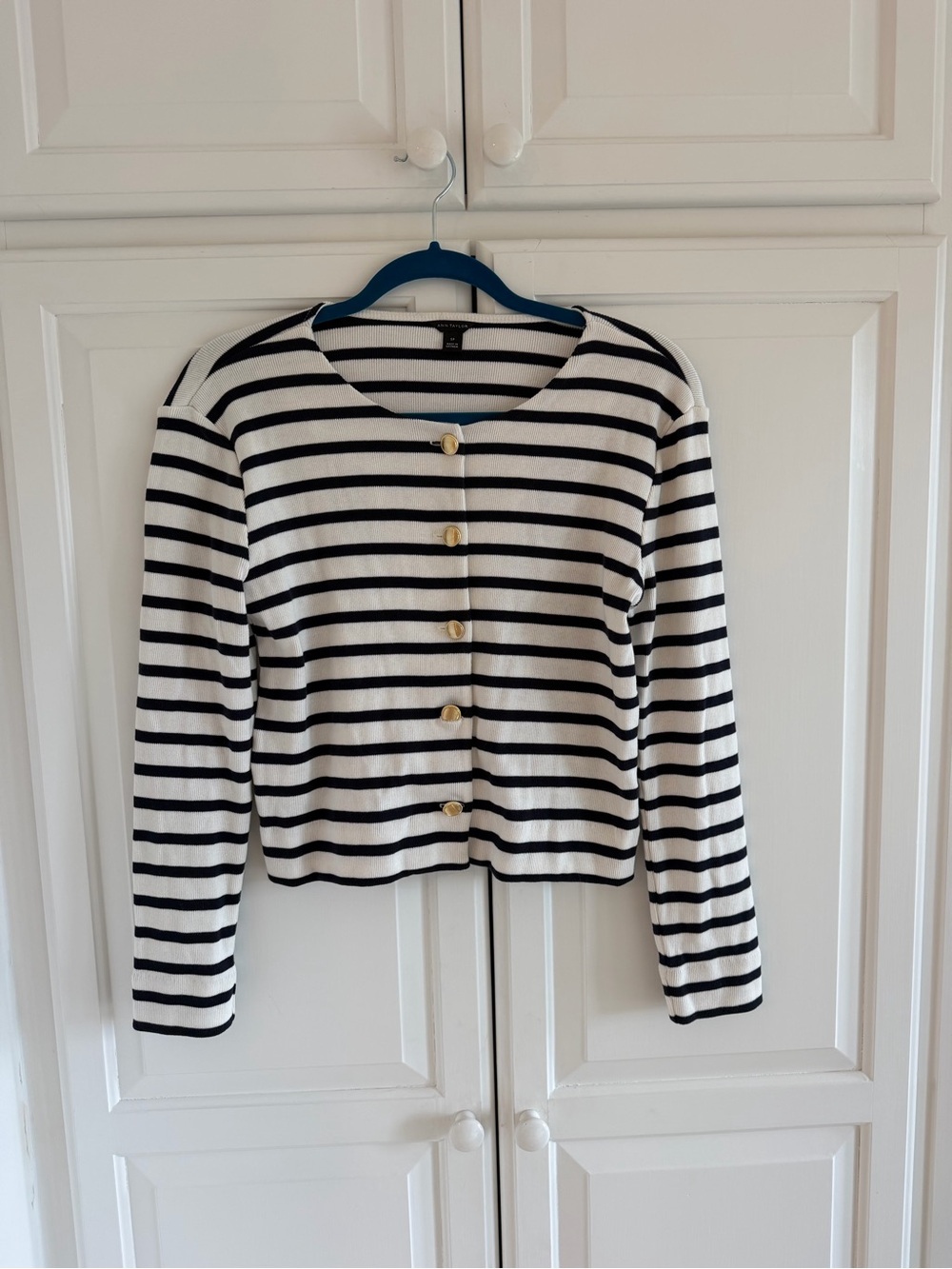 Ann Taylor Black and White Striped Crew Cardigan - Picture 2 of 5